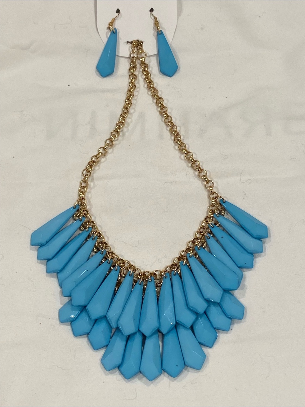 Blue Statement Bib Necklace and Earring Set - Gold Chain